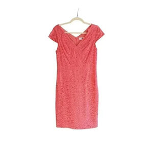 Dr Collection Pink Floral Lace Short Sleeve V Neckline Sheath Dress Sz 8